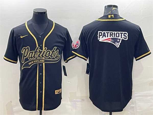 Mens New England Patriots Black Gold Team Big Logo With Patch Cool Base Stitched Baseball Jersey->new england patriots->NFL Jersey